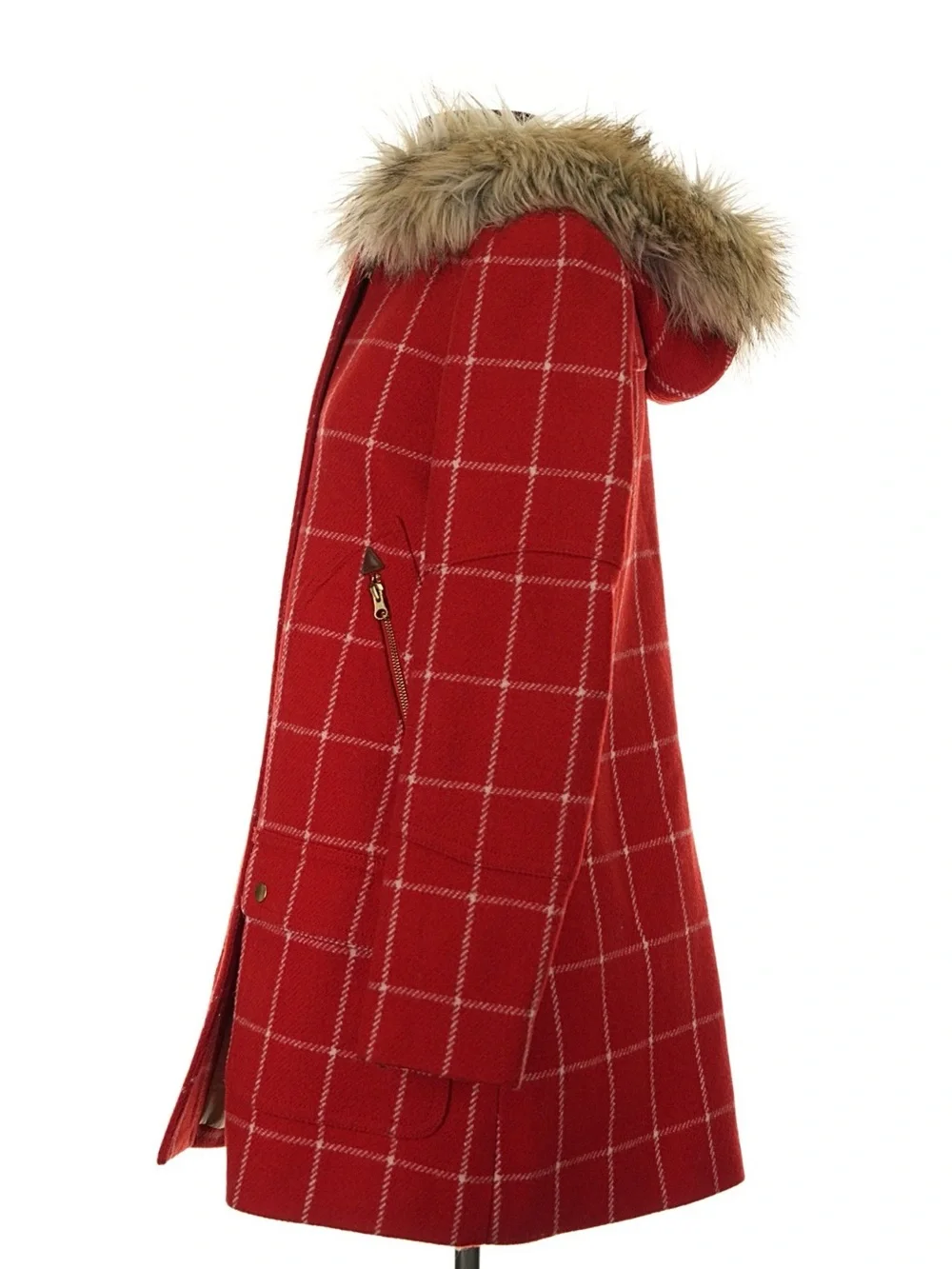 JCrew Chateau Wool Parka Red White Windowpane Plaid Coat w/ Faux Fur Trim Hood 2